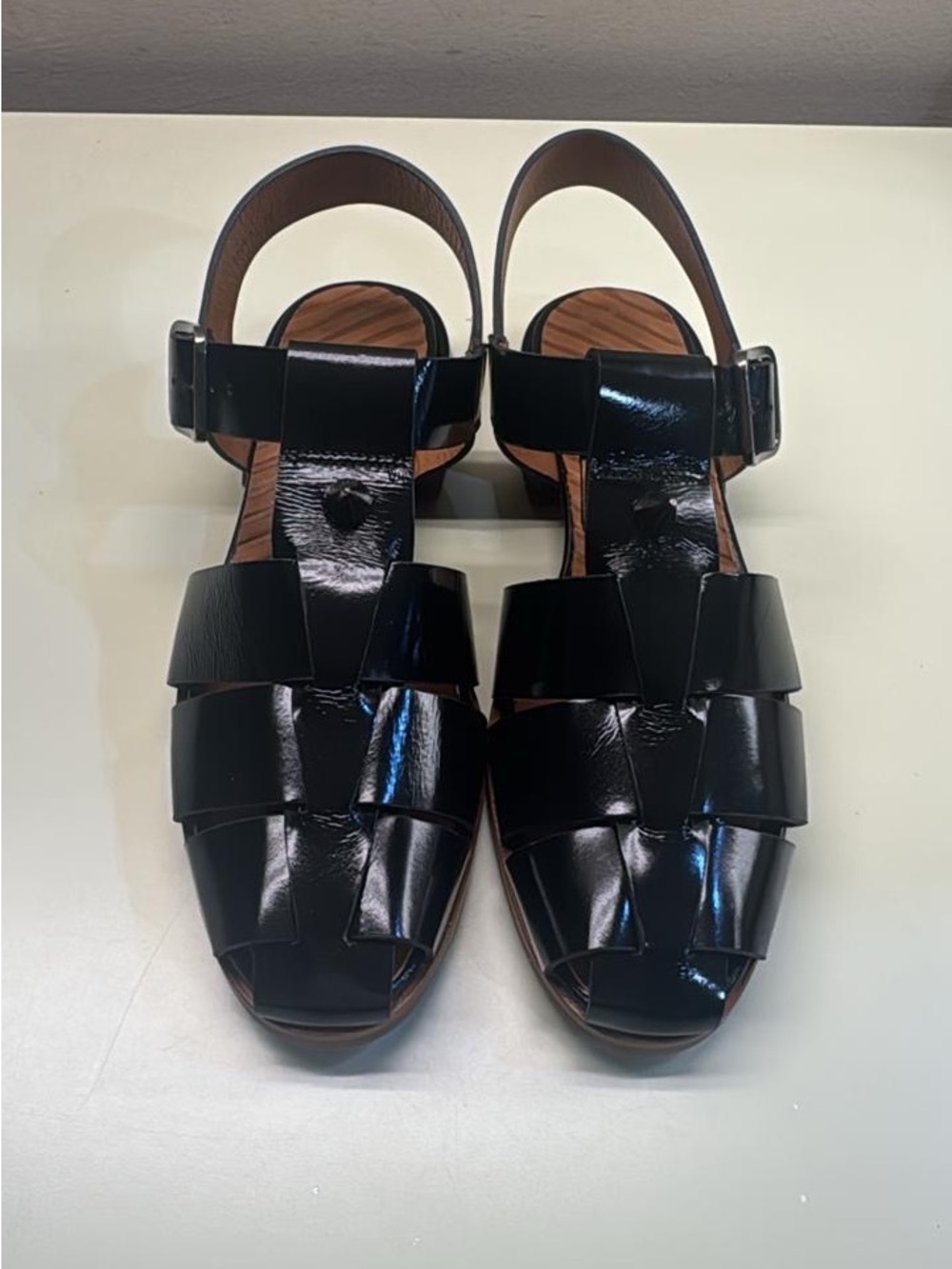 Chie Mihara Black Patent Leather Fisherman Sandals